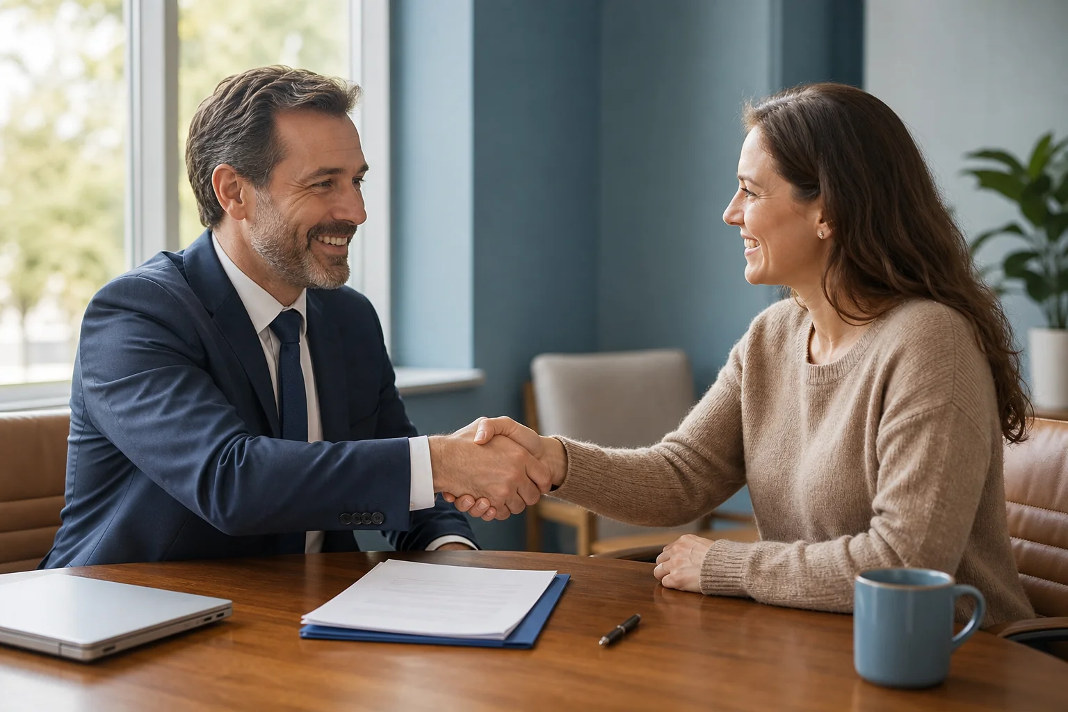A client and attorney shaking hands or reviewing a document together, symbolizing a no-upfront-cost agreement to move forward with representation. photorealistic photo of an attorney and a client sitting across a conference table shaking