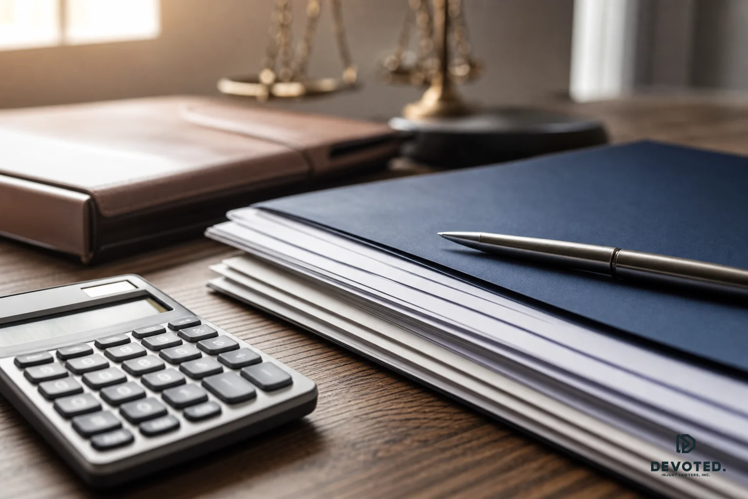 A close-up of legal documents, a calculator, and a pen on a desk representing case expenses and fee calculations. Photorealistic close-up photo of a wooden desk with a calculator, stacked legal documents, a pen, and a folder, soft natural