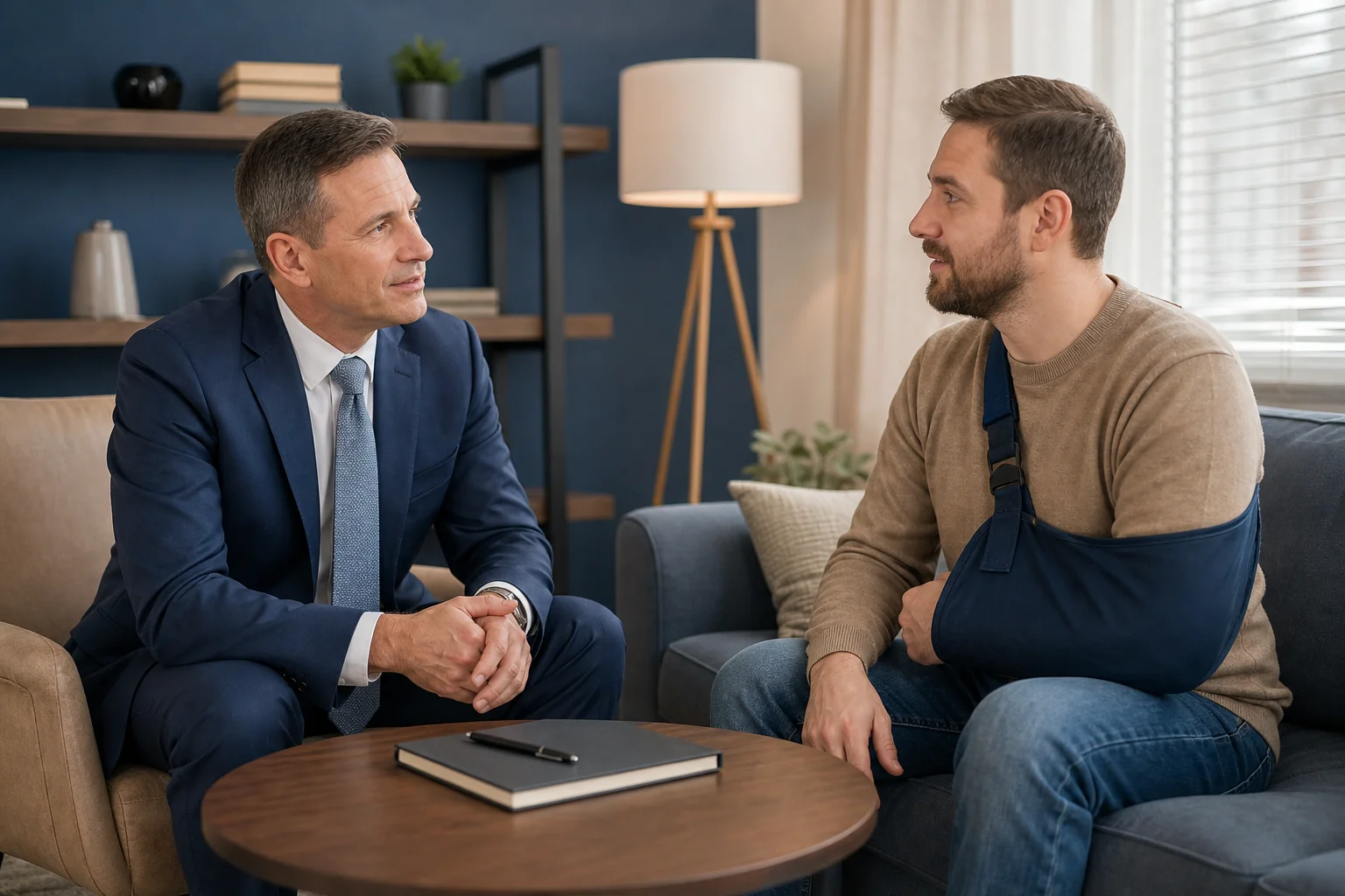 Photorealistic photo of a professional attorney in business attire sitting across a small table from an injured client with an arm in a sling, having a warm and attentive conversation in a softly lit modern office, both engaged and making