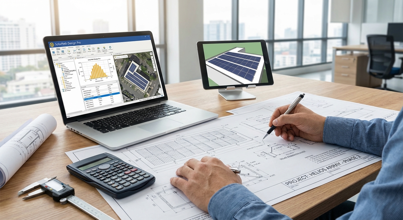 Solar engineer reviewing technical drawings to verify design accuracy before installation