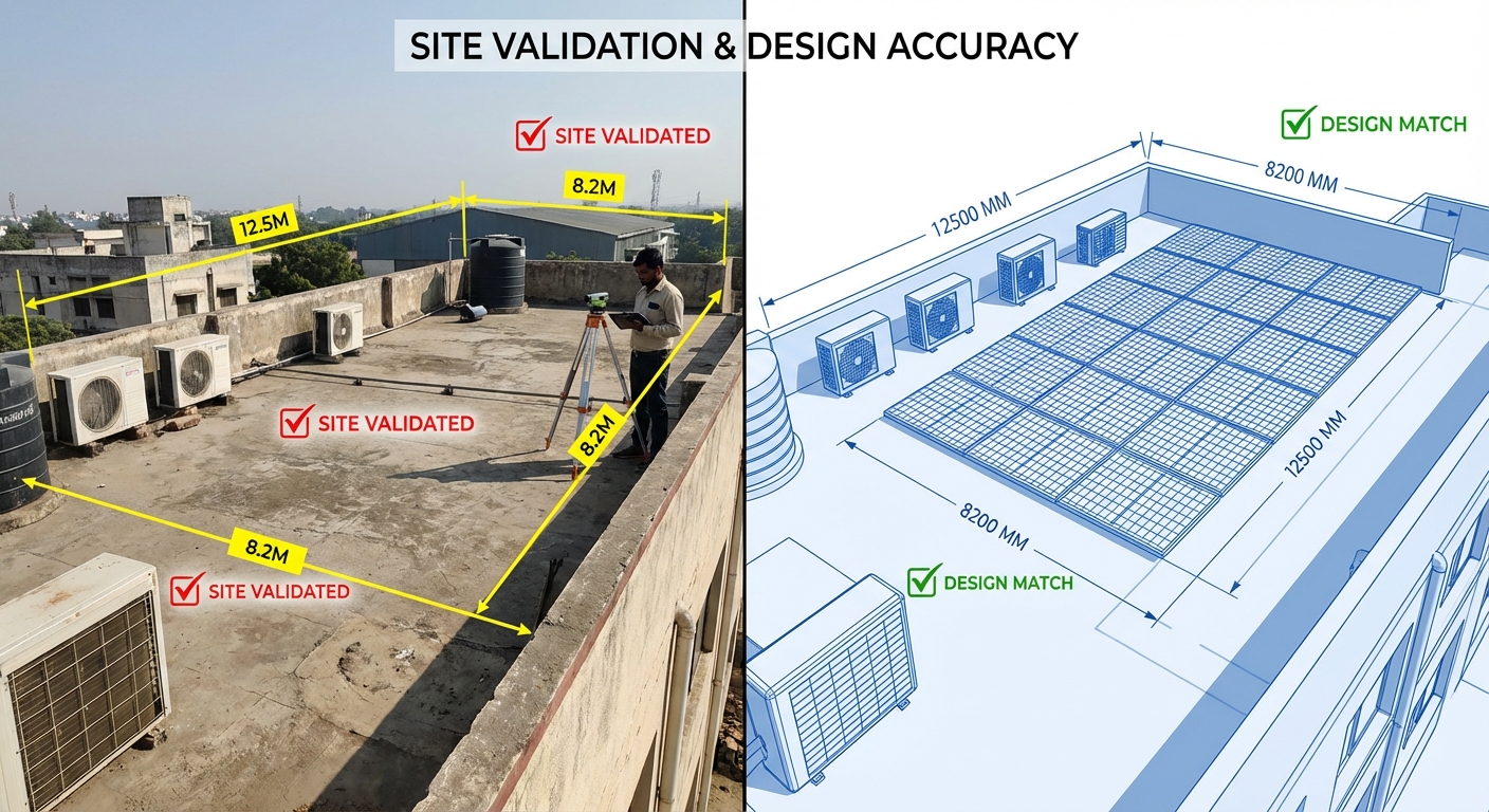 Comparing site survey data with design assumptions to ensure design accuracy for solar installations