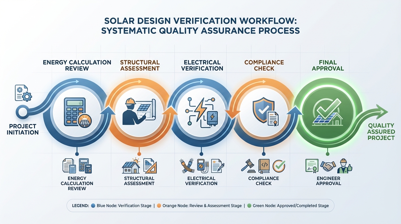 Design accuracy verification process workflow for solar EPC companies showing quality checkpoints