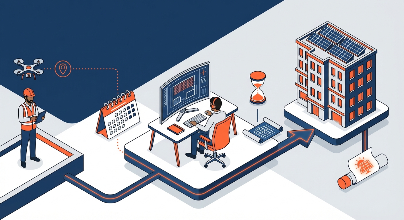 Solar design turnaround India workflow showing timeline from site survey to final design delivery