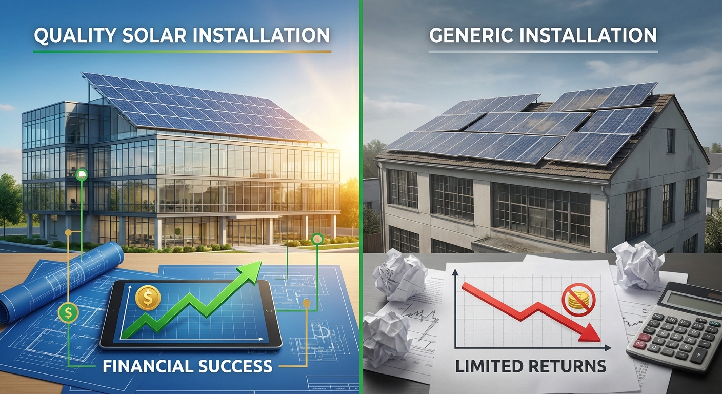 Split-screen showing quality solar installation with upward growth indicators and detailed engineering blueprints