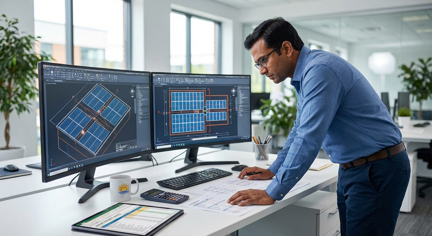 Solar engineering workspace showing technical CAD drawings and cost analysis for solar design projects
