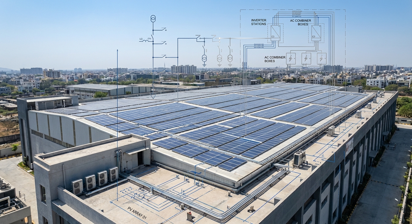 Aerial view of megawatt-scale commercial solar installation with technical engineering drawings and electrical diagrams overlay