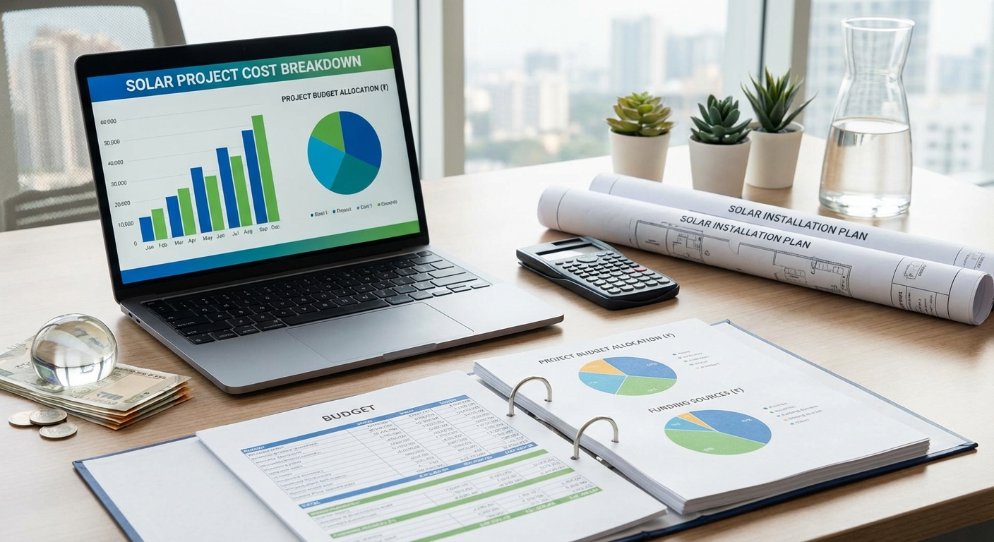 Professional workspace showing solar project budget planning with cost breakdown charts and engineering drawings