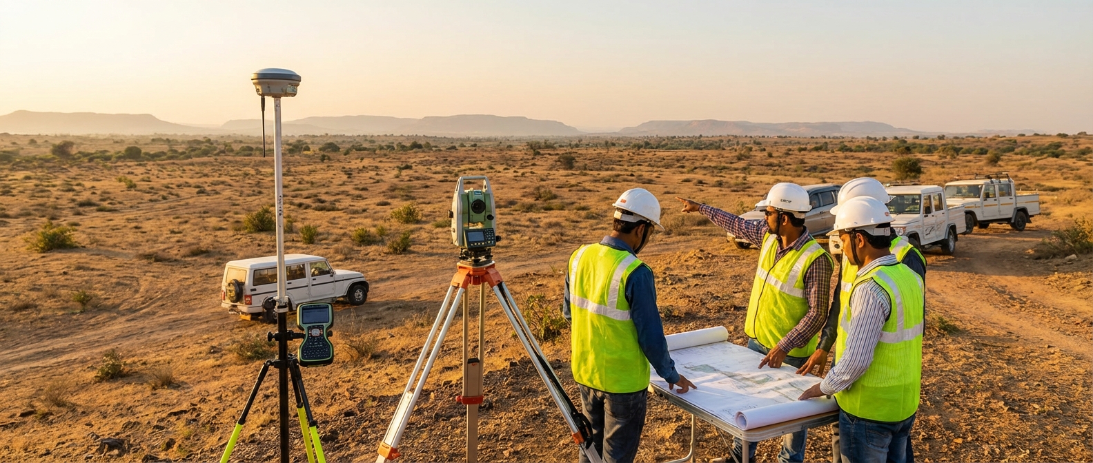 Solar engineers conducting professional site survey in India with surveying equipment and vast land terrain
