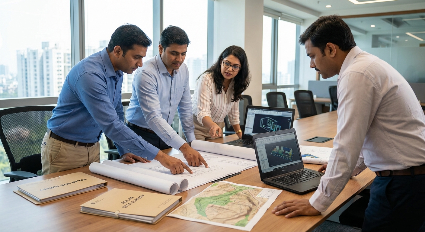 Modern drone technology and digital tools being used for advanced solar site survey with engineer using tablet showing GIS mapping