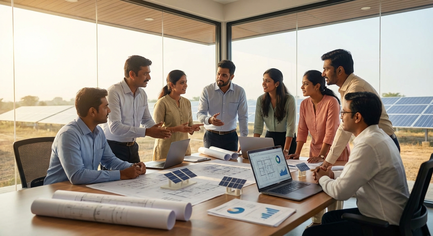 Professional solar engineering team collaboration for cost-effective design services in India