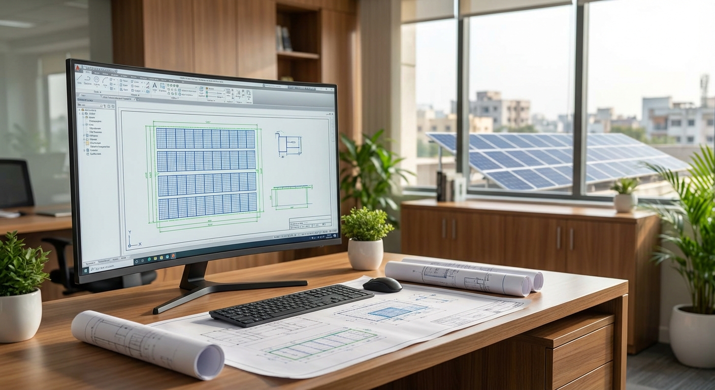 Professional solar engineering design workspace in India with technical CAD drawings and solar panel layouts