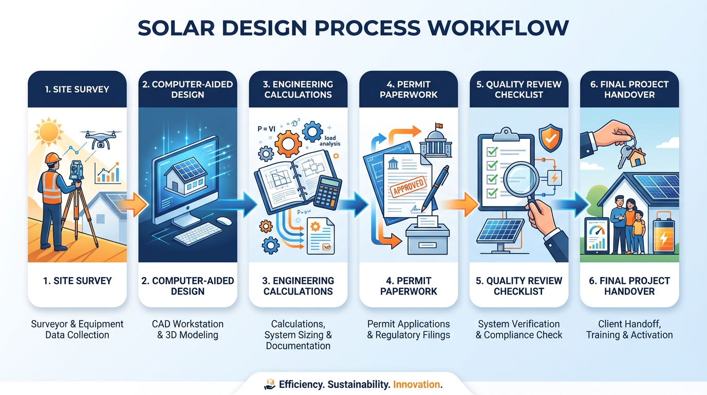 Visual workflow showing six stages of solar design process from site survey to final documentation