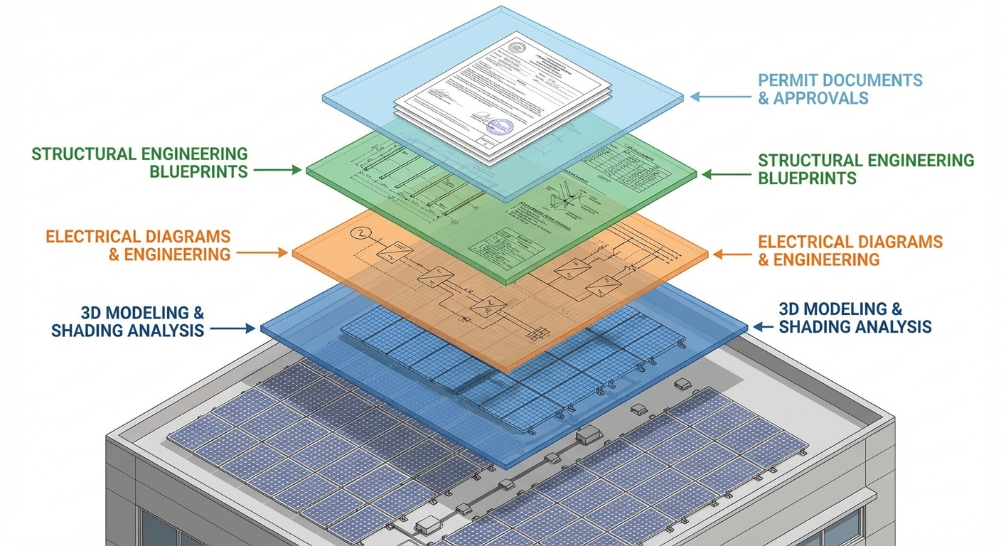 Comprehensive solar design services showing 3D modeling, electrical diagrams, structural engineering and permit documents