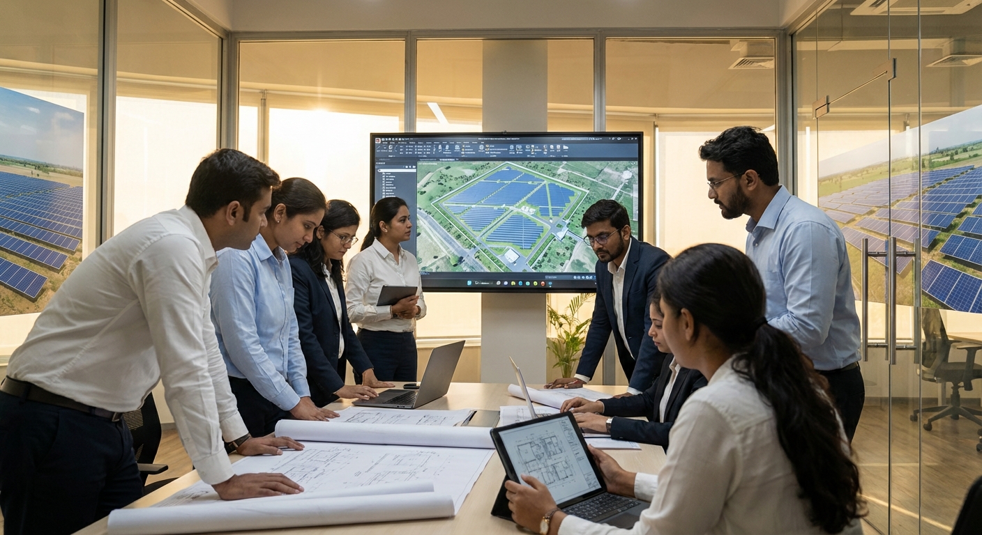 Solar EPC team collaborating with design consultancy partner on megawatt-scale solar permits project