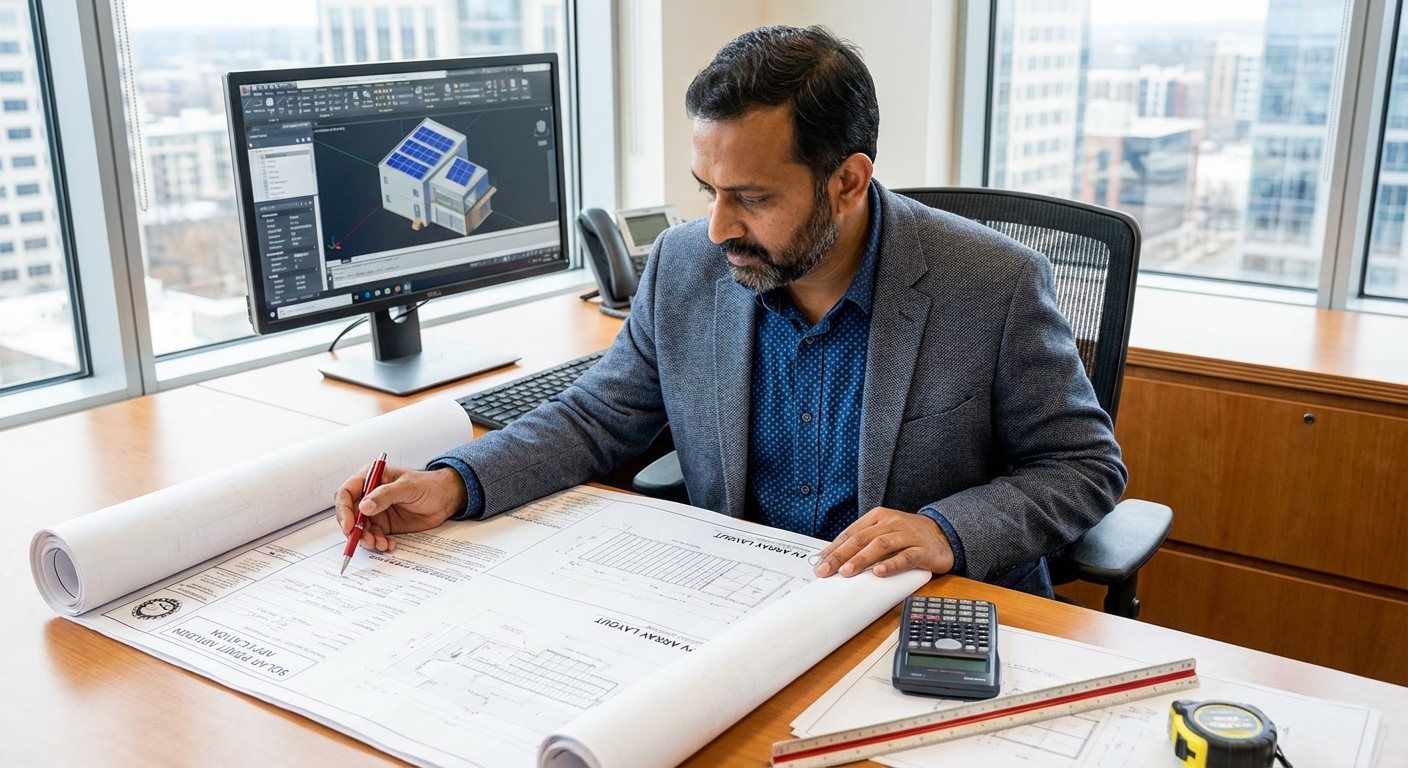 Solar engineer reviewing solar permits and technical blueprints for EPC project approval