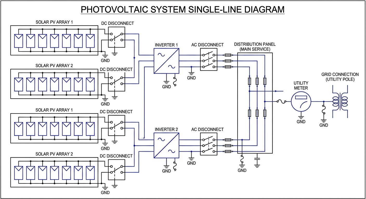 Solar permits electrical single-line diagram showing system components and grid connection specifications