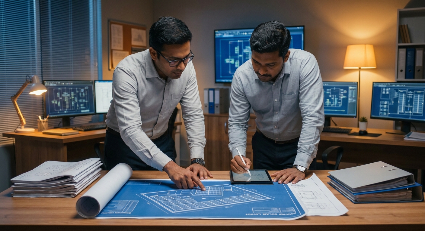 Solar engineers reviewing design revisions India project drawings at an engineering workstation