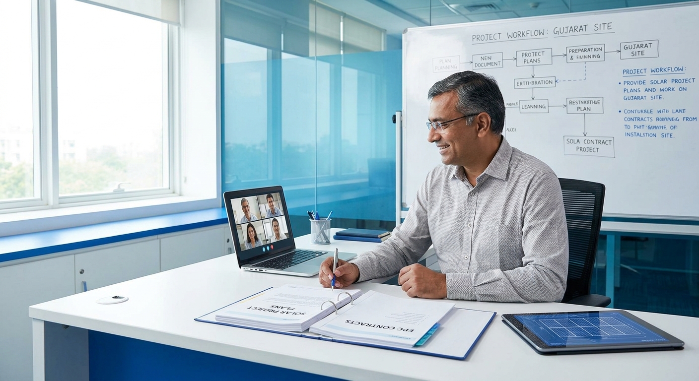 EPC project manager communicating design revisions India requirements with remote solar design team