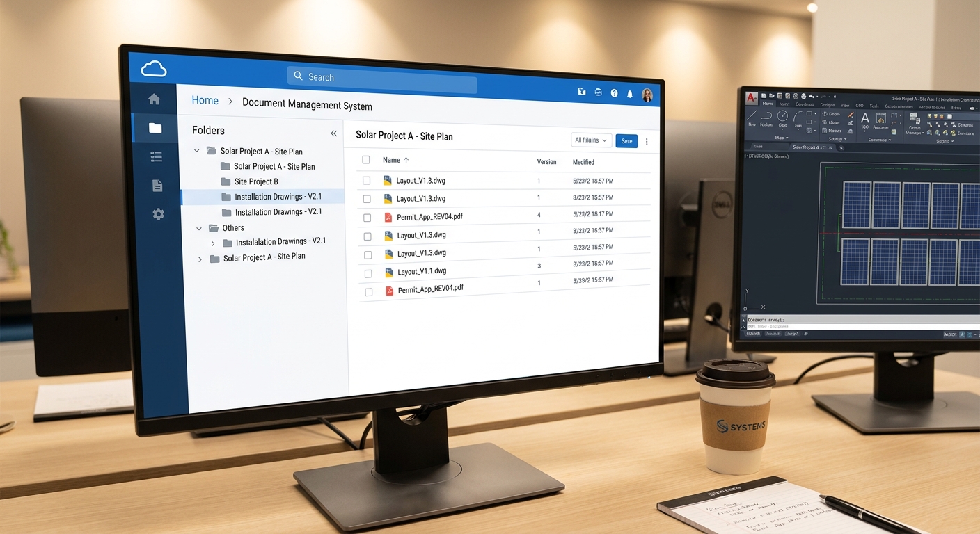 Version control system for solar design revisions India showing organized document management