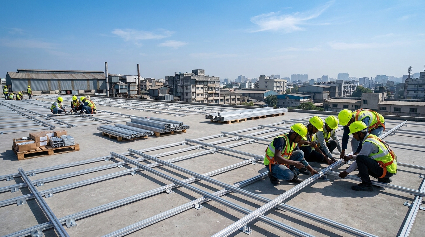 Rooftop solar mounting structure installation showing structural engineering considerations to avoid design errors