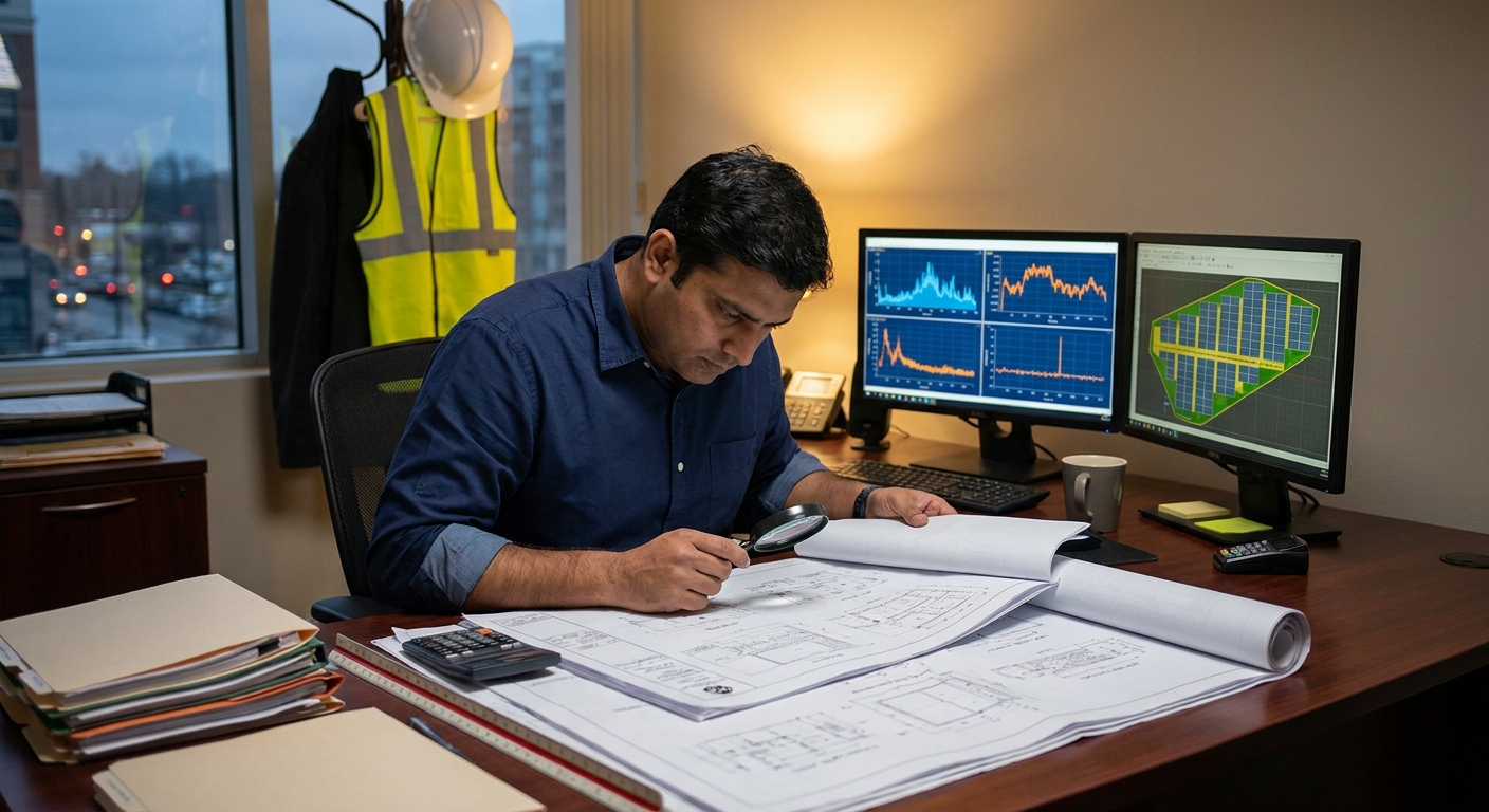 Solar engineer reviewing design errors in technical blueprints at a professional workstation