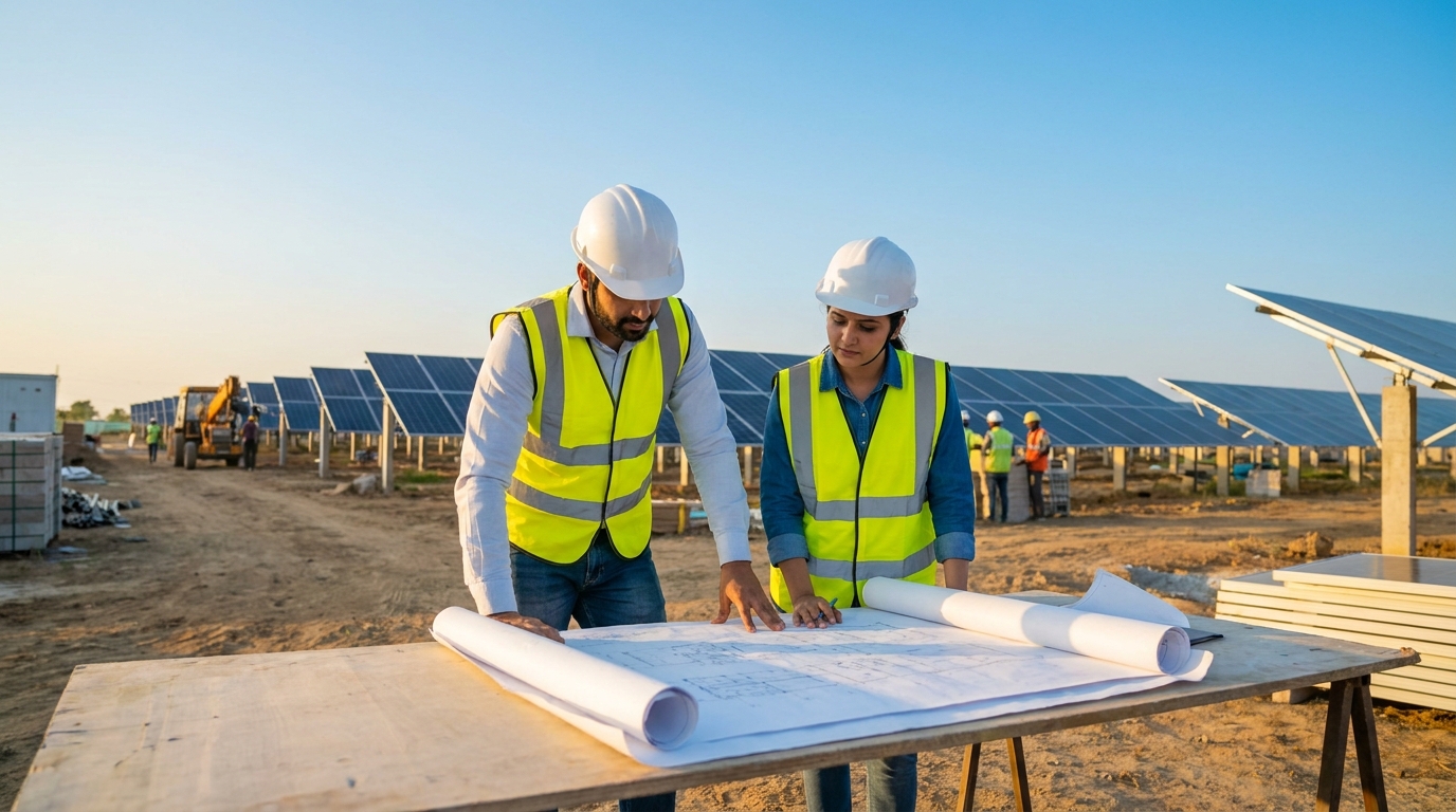 Solar contractors India team reviewing engineering drawings at a construction site
