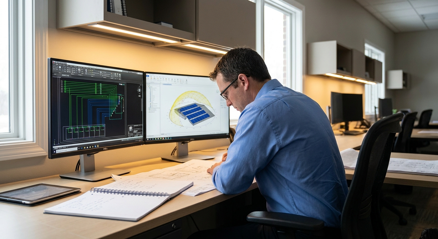 Solar design engineer working on detailed CAD drawings and engineering documentation for solar contractors India projects
