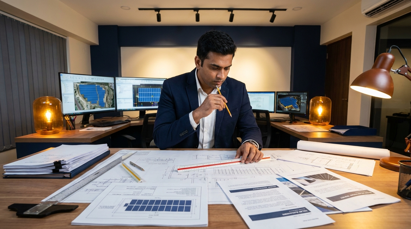 Solar engineer reviewing design deliverables and technical drawings for an EPC project in India