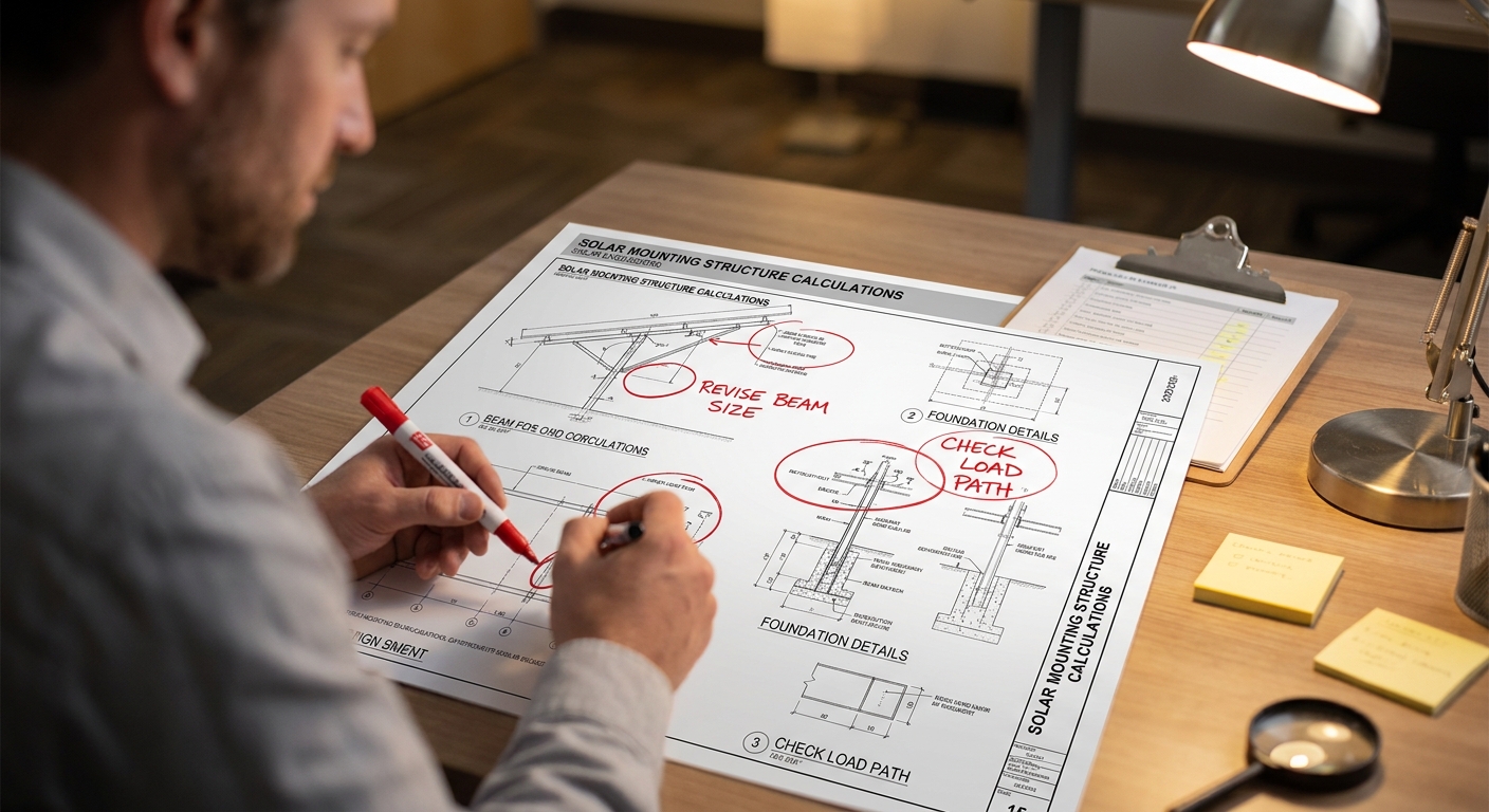 Engineer reviewing solar design deliverables for quality control and identifying red flags in structural drawings