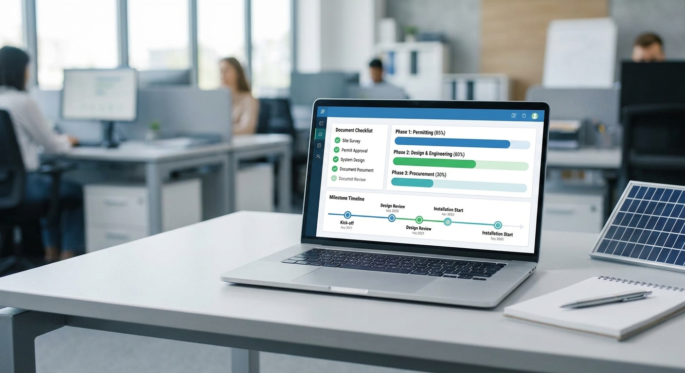 Solar project management dashboard tracking design deliverables milestones and document checklist