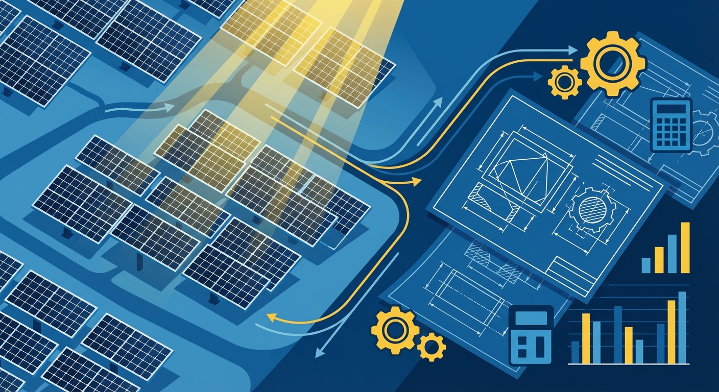 Solar engineering cost calculation for MW-scale projects showing blueprints and budget planning
