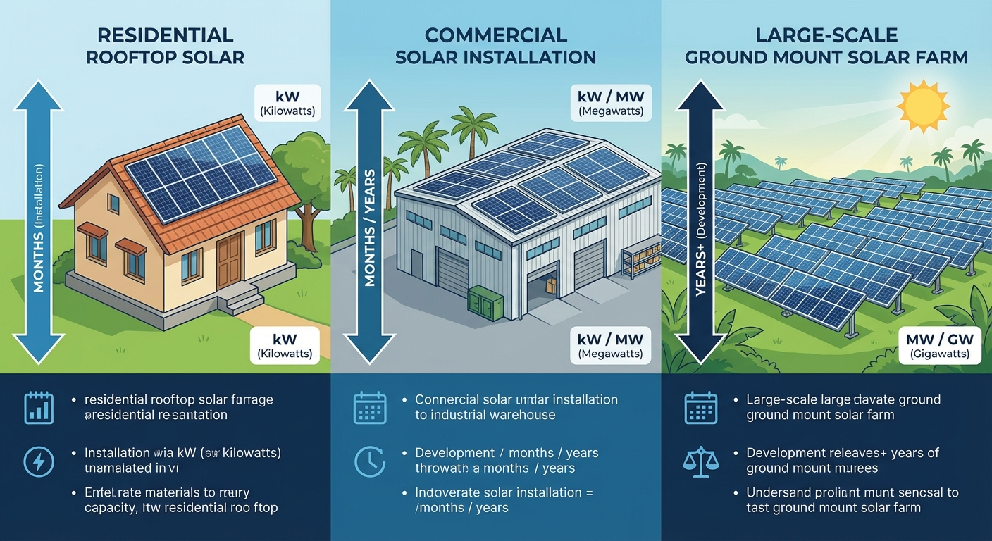 Comparison of residential, commercial, and MW-scale solar design timeline phases
