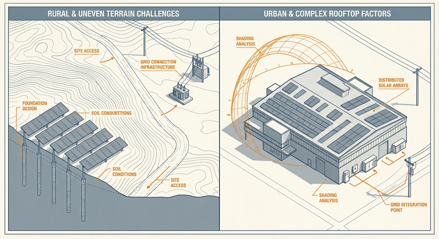 Solar project complexity factors including site challenges and structural engineering requirements