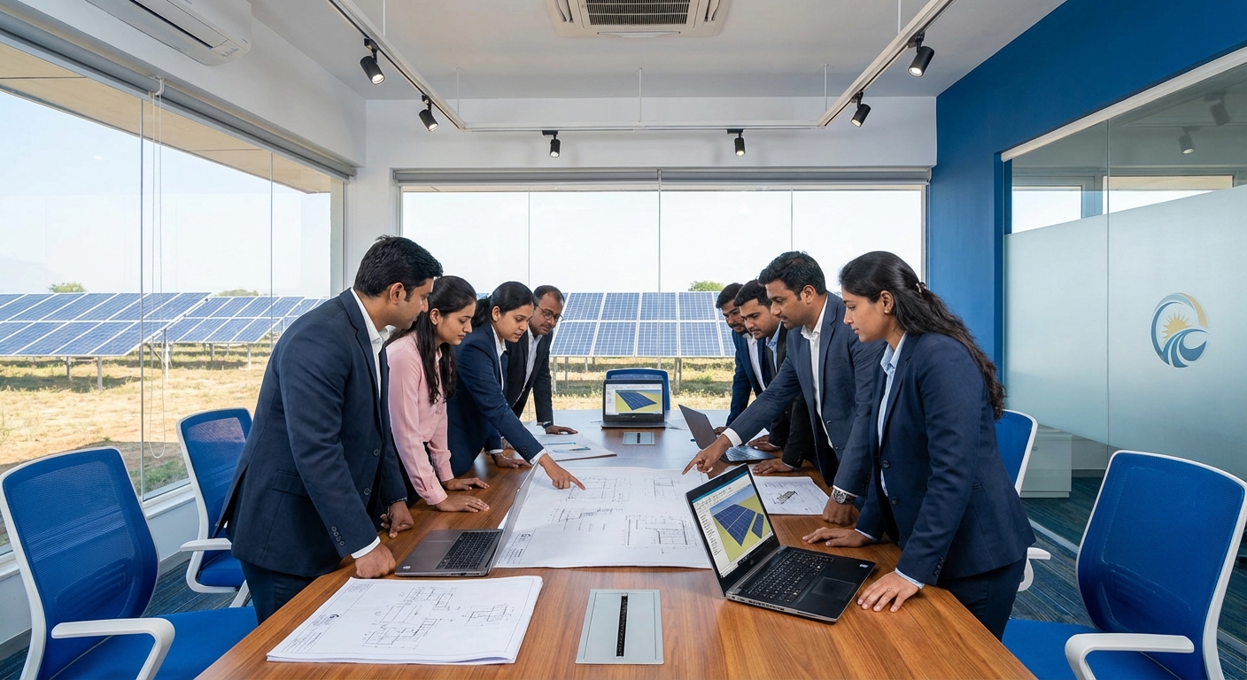 Professional solar consultancy India team reviewing technical drawings and solar project designs