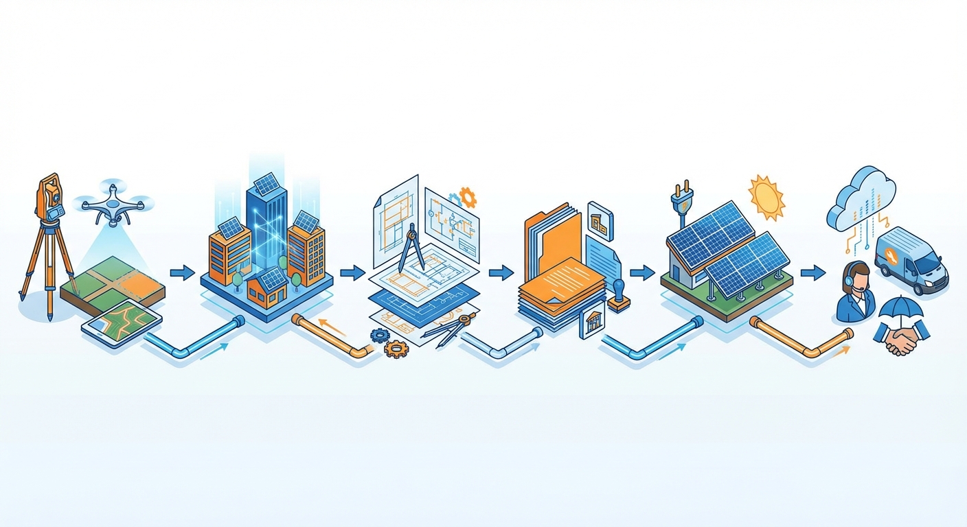 Solar consultancy process workflow showing stages from site assessment to project delivery