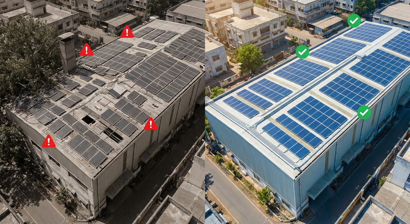Comparison showing optimized solar installation versus poorly designed system demonstrating ROI benefits