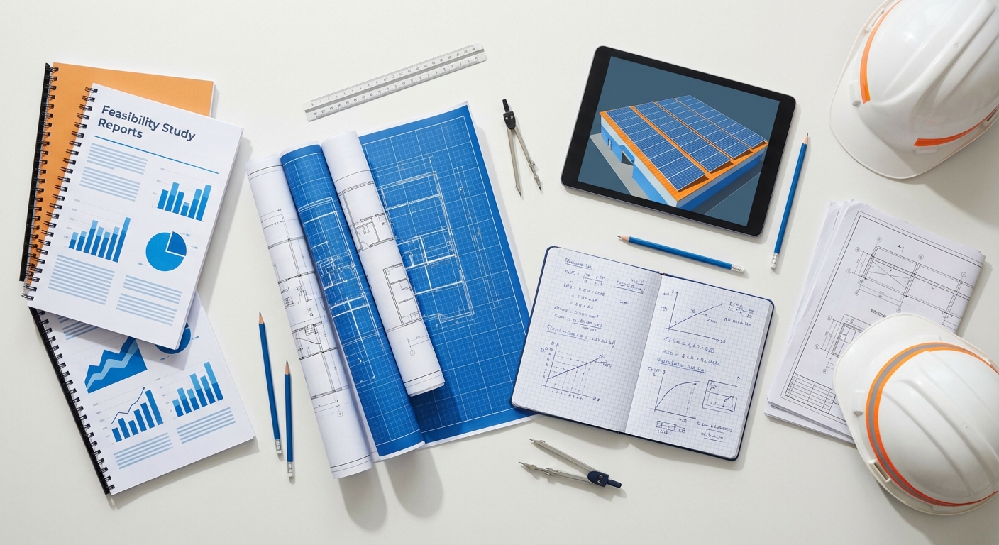 Professional solar engineering deliverables including technical drawings, reports, and documentation