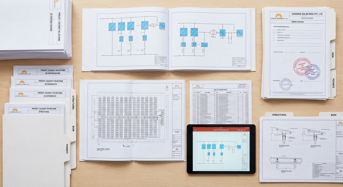 Comprehensive solar design documentation including electrical diagrams, layout plans, and permit design documents for EPC companies