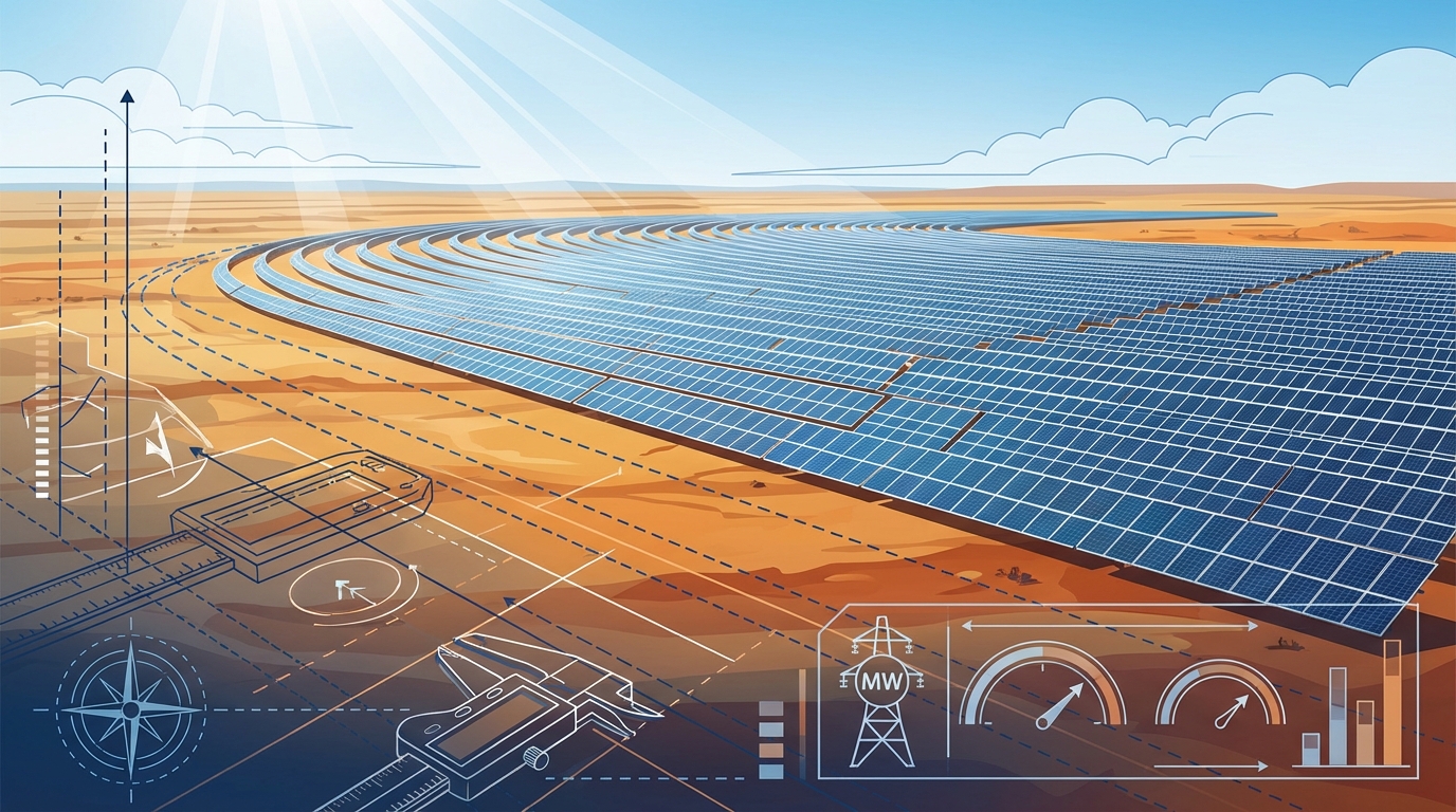 Utility-scale solar farm showing per-MW design pricing model for megawatt-scale ground mount projects in India