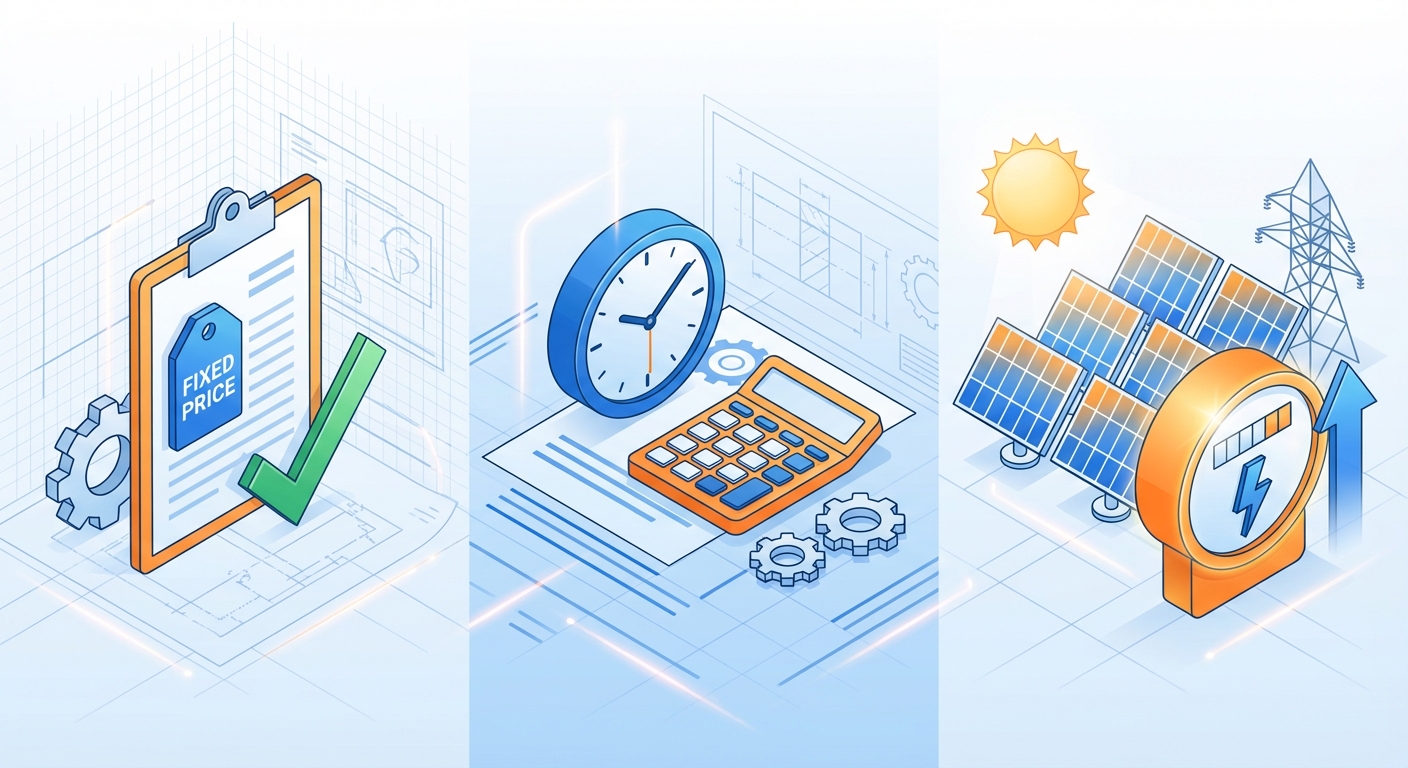 Solar design pricing models comparison showing fixed-price, hourly billing, and per-MW rates for EPC companies