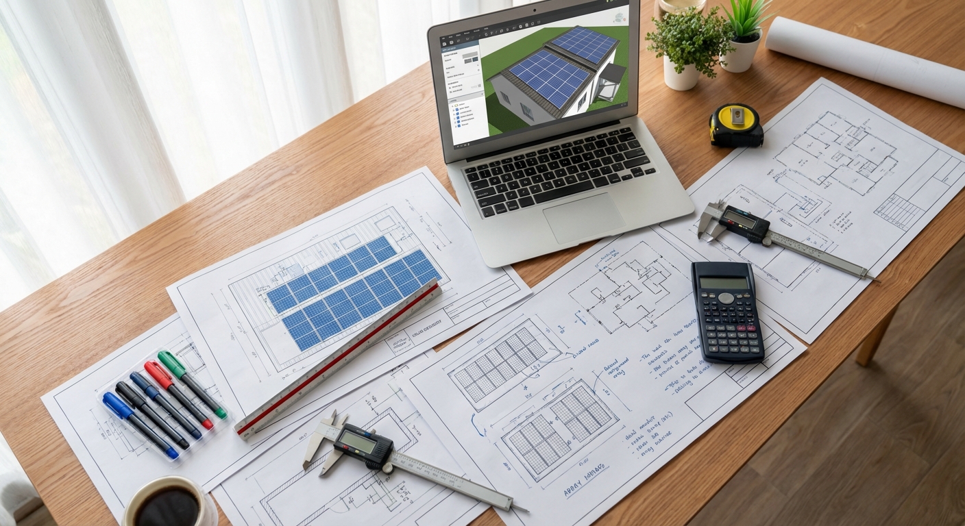 Professional solar design engineering workspace with technical drawings and calculations for EPC projects