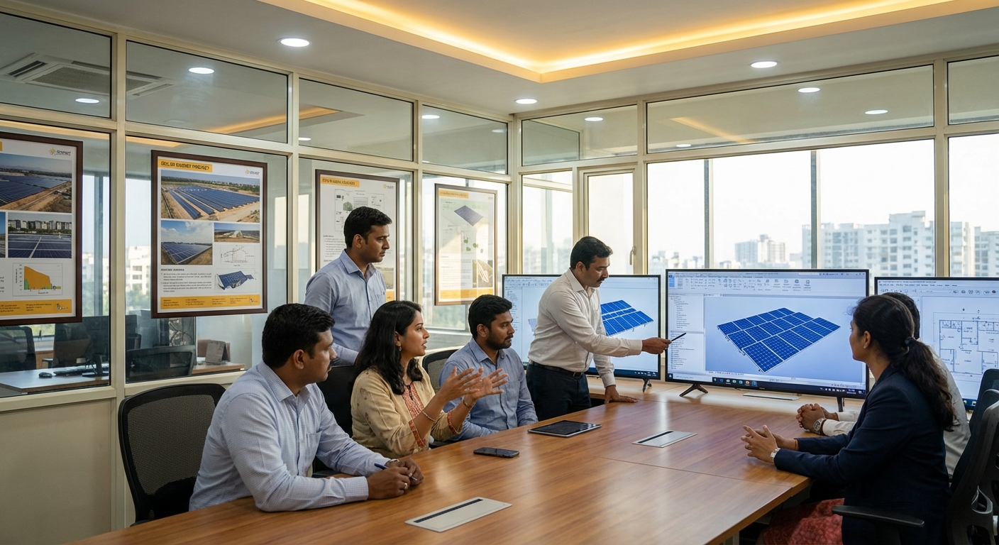 Team of solar engineers collaborating on design project in modern office with technical software displays