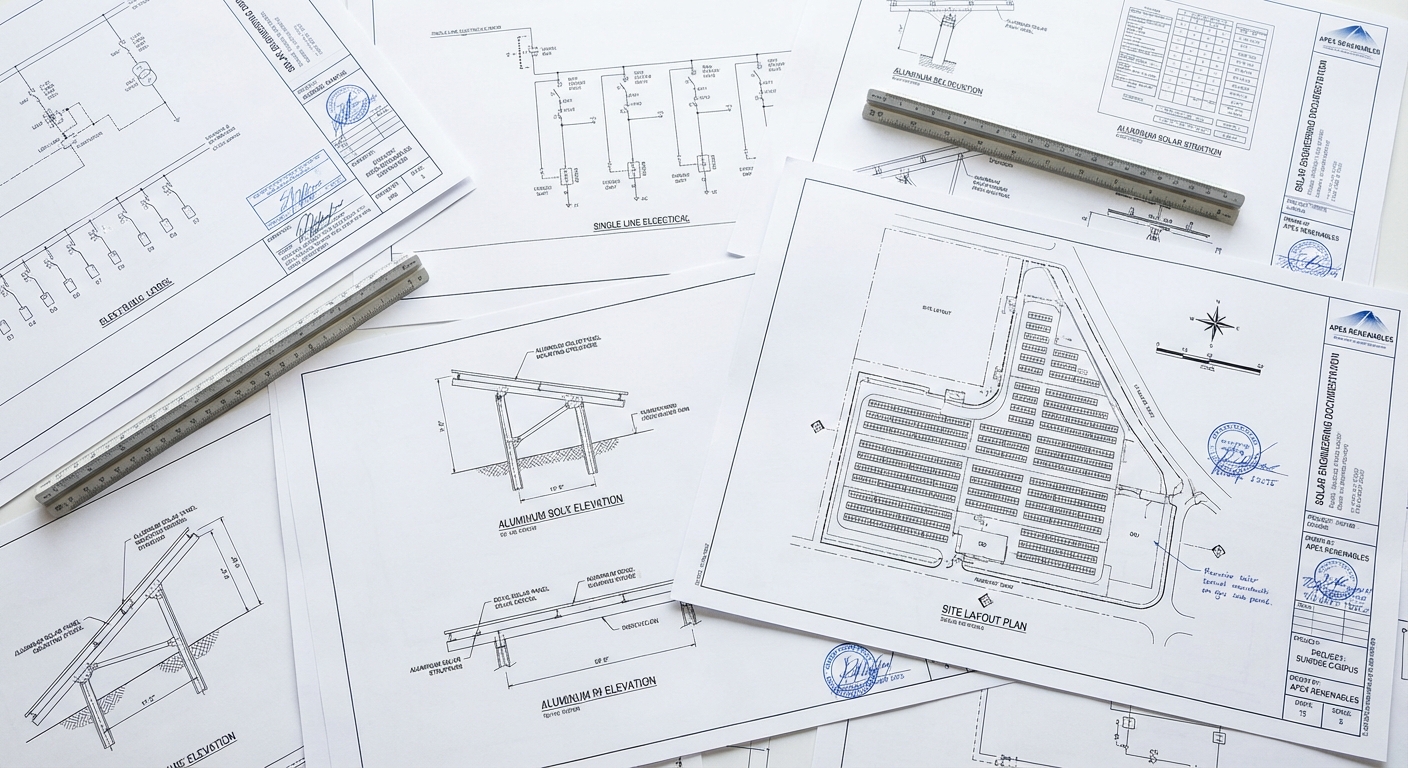 Professional solar engineering CAD drawings showing detailed electrical diagrams and site layout plans