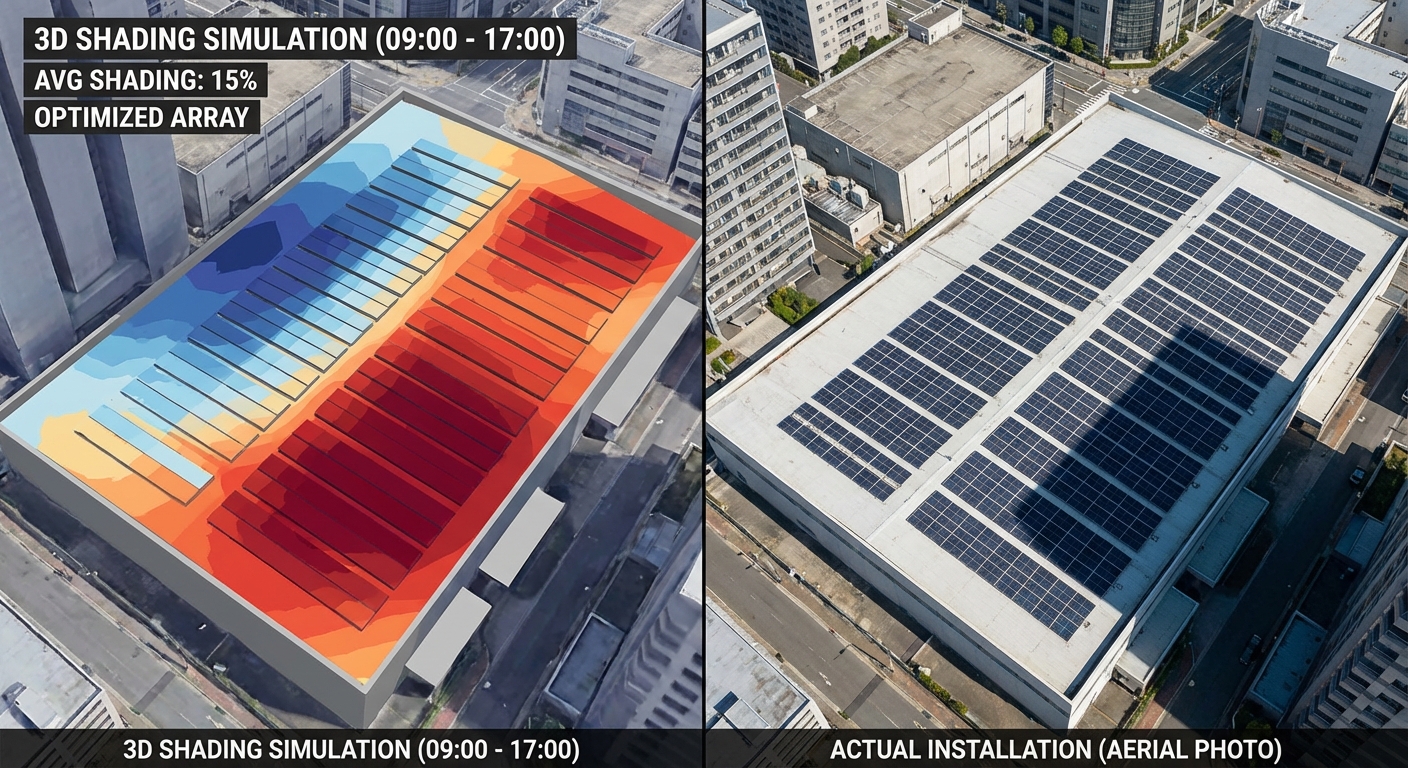 3D shading analysis visualization showing shadow patterns on rooftop solar installation throughout the day