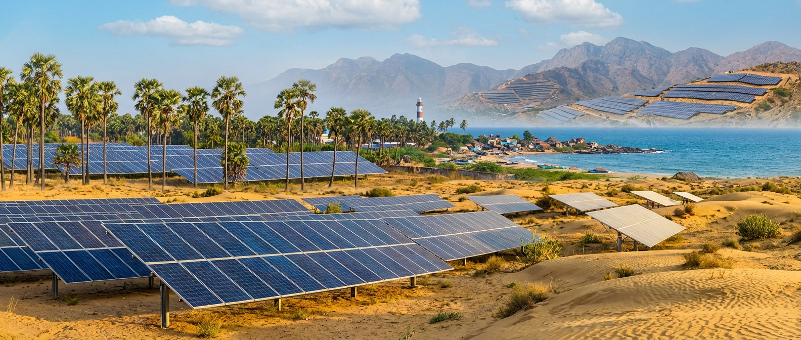 Solar installation India landscape showing diverse regional terrain and solar arrays across different climatic zones