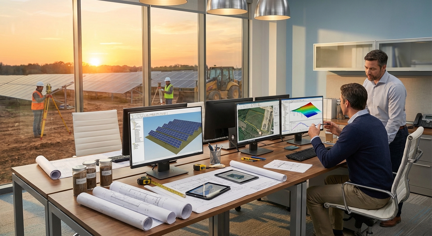 Solar design India engineering workspace showing technical drawings, site survey data, and 3D modeling for solar projects