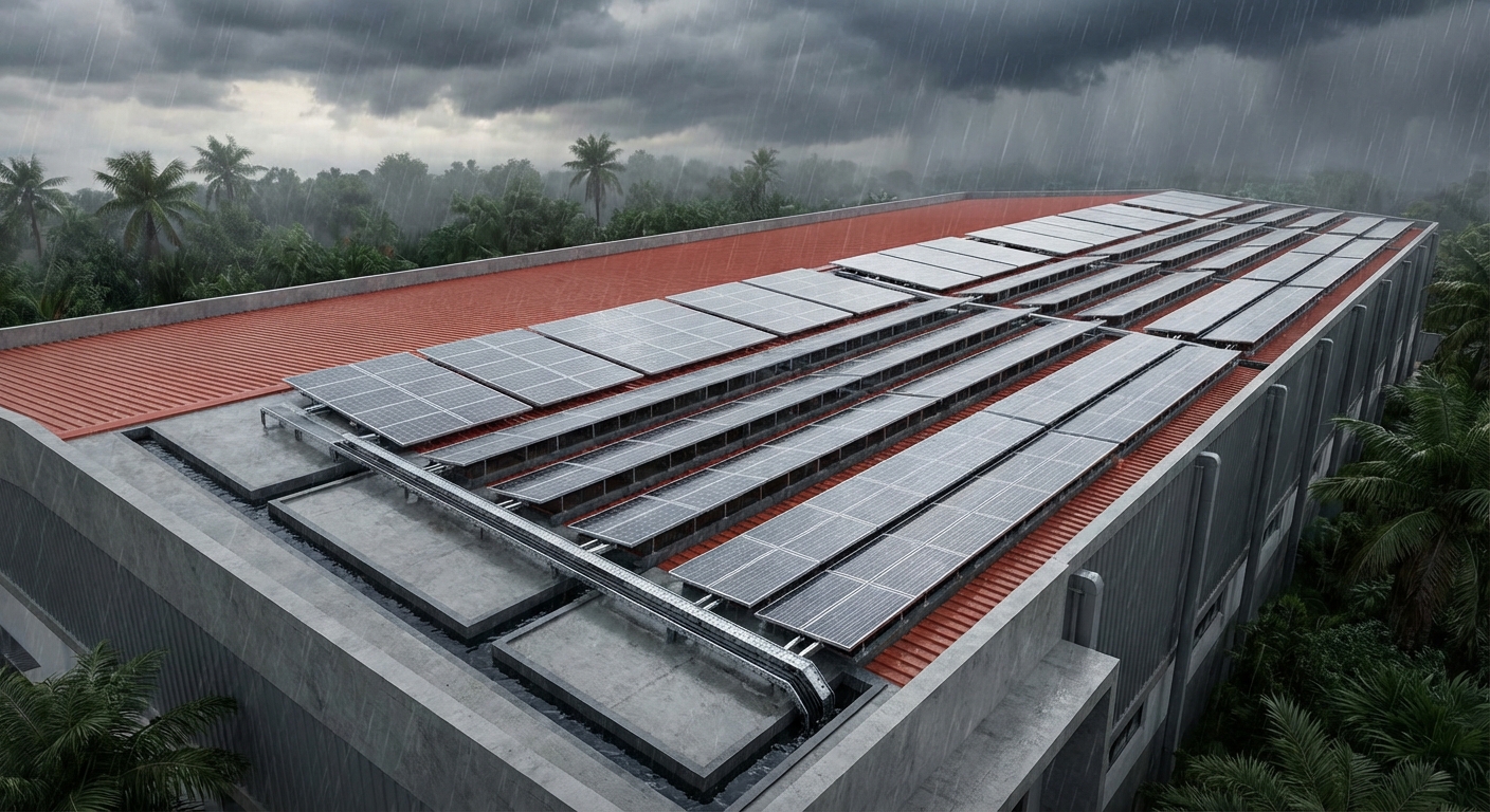Rooftop solar installation India project in southern region showing monsoon drainage design and waterproofing details