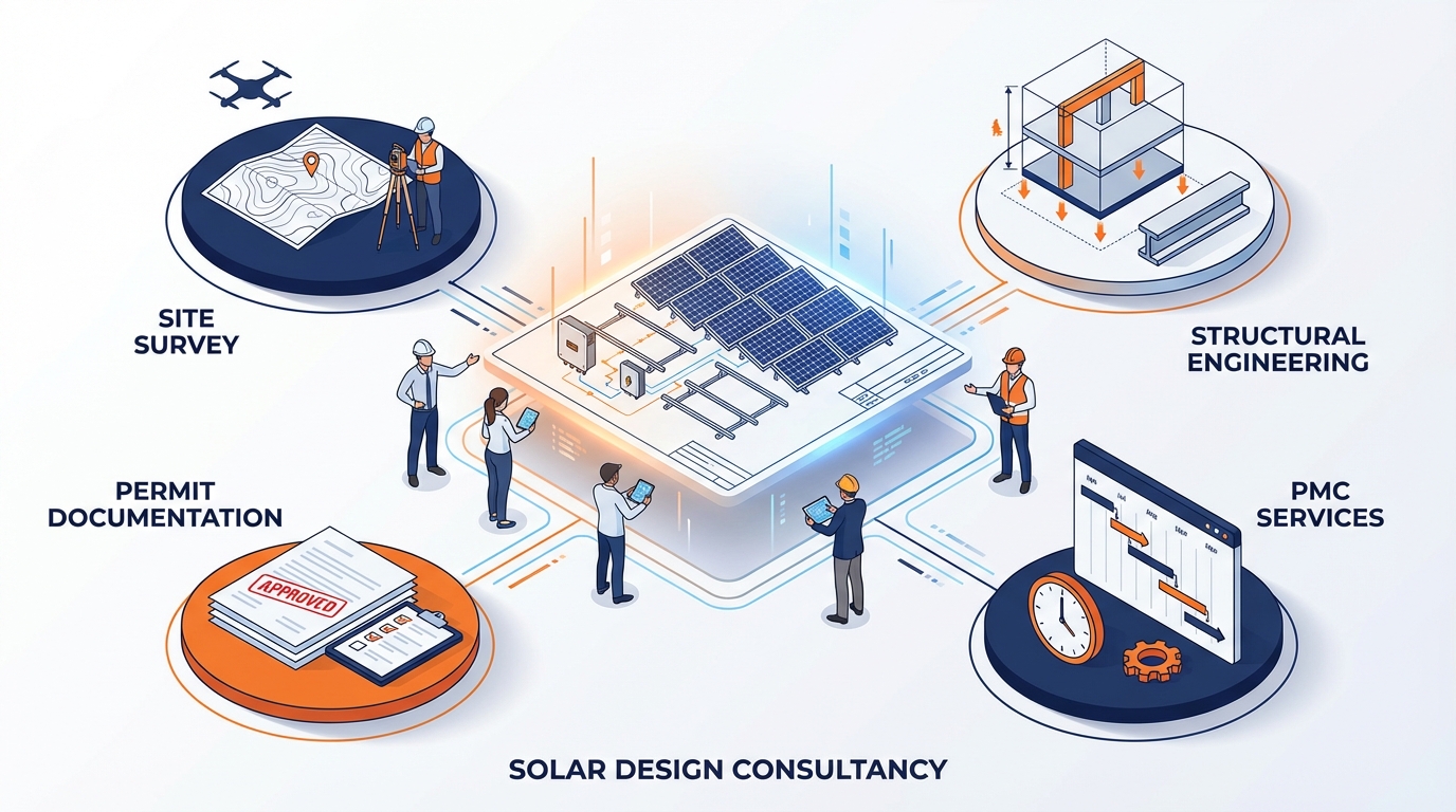 Specialized solar design consultancy services including site survey, structural engineering, and permit design for Indian EPCs