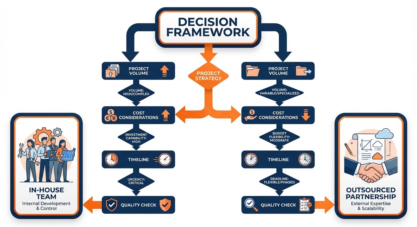 Decision framework flowchart for solar EPC companies choosing between in-house and outsourced design approaches