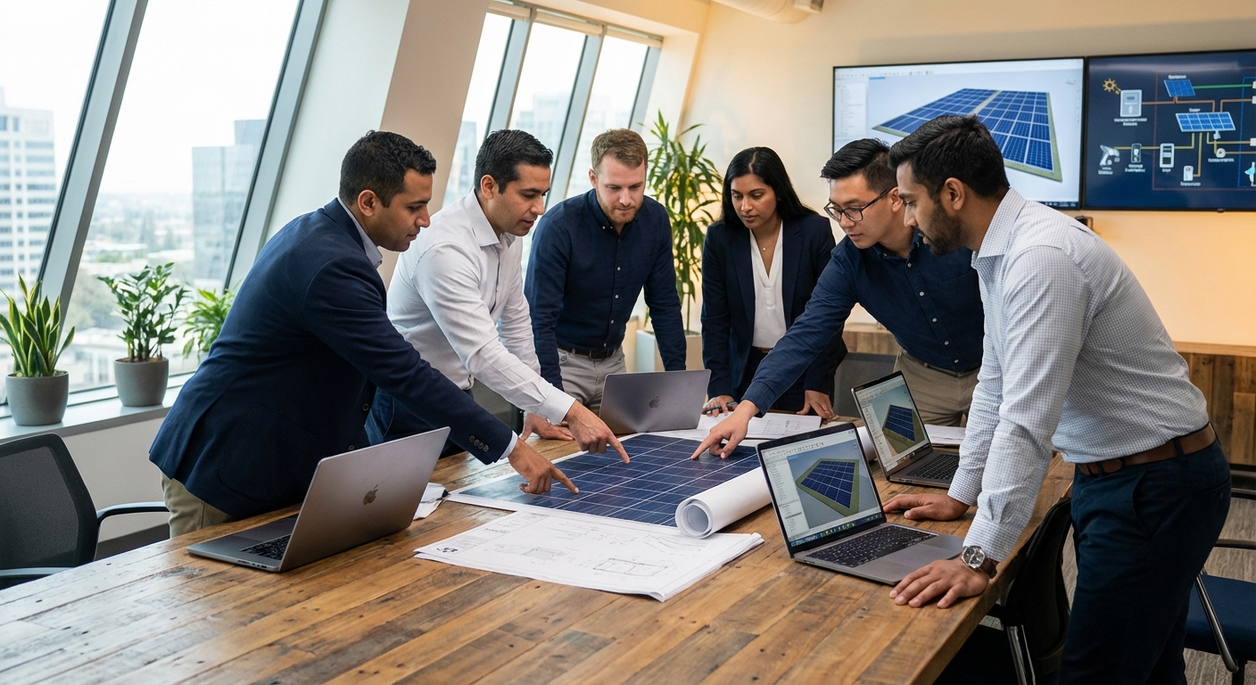 Professional solar engineering team collaborating on design partner selection